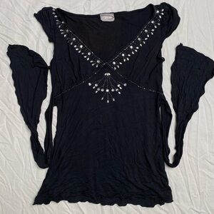 Women’s Rave Y2K charcoal embellished beaded small top with tie back
